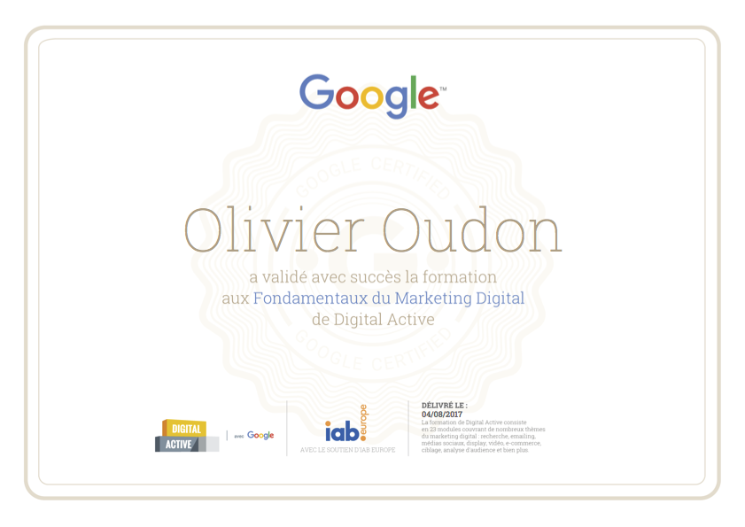 Diplôme de certifiction Google Digital Active du consultant en communication digitale Olivier Oudon